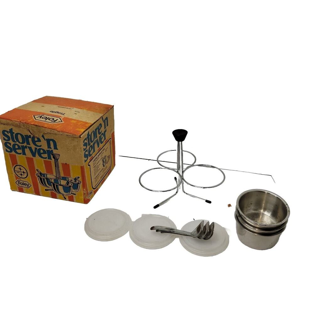 Vtg Foley Store'n Server 3 Bowl Set Spoons Lids Serving Stand Original Box Retro